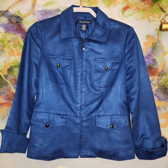 Evan Picone Blue Suede-like Zip Blazer With Gold Buttons and Pockets - Picture 2 of 13